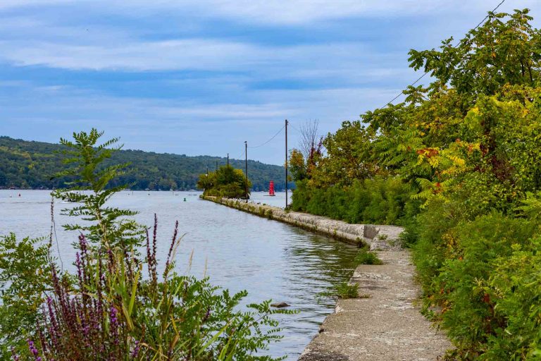 Narrow path beside calm lake with green foliage, red buoys in distance, hills, and partly cloudy blue sky.