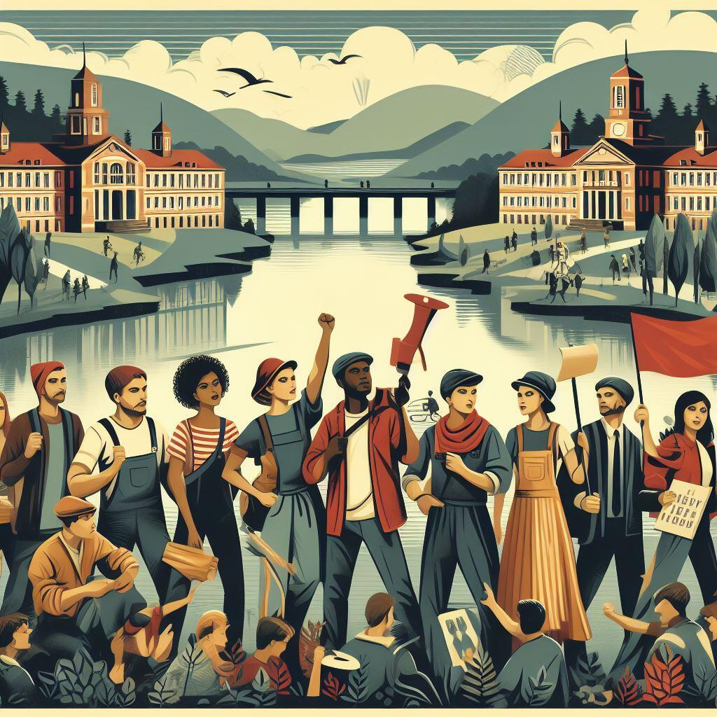 AI Generated image of workers and students protesting in the style of a Constructivist era poster